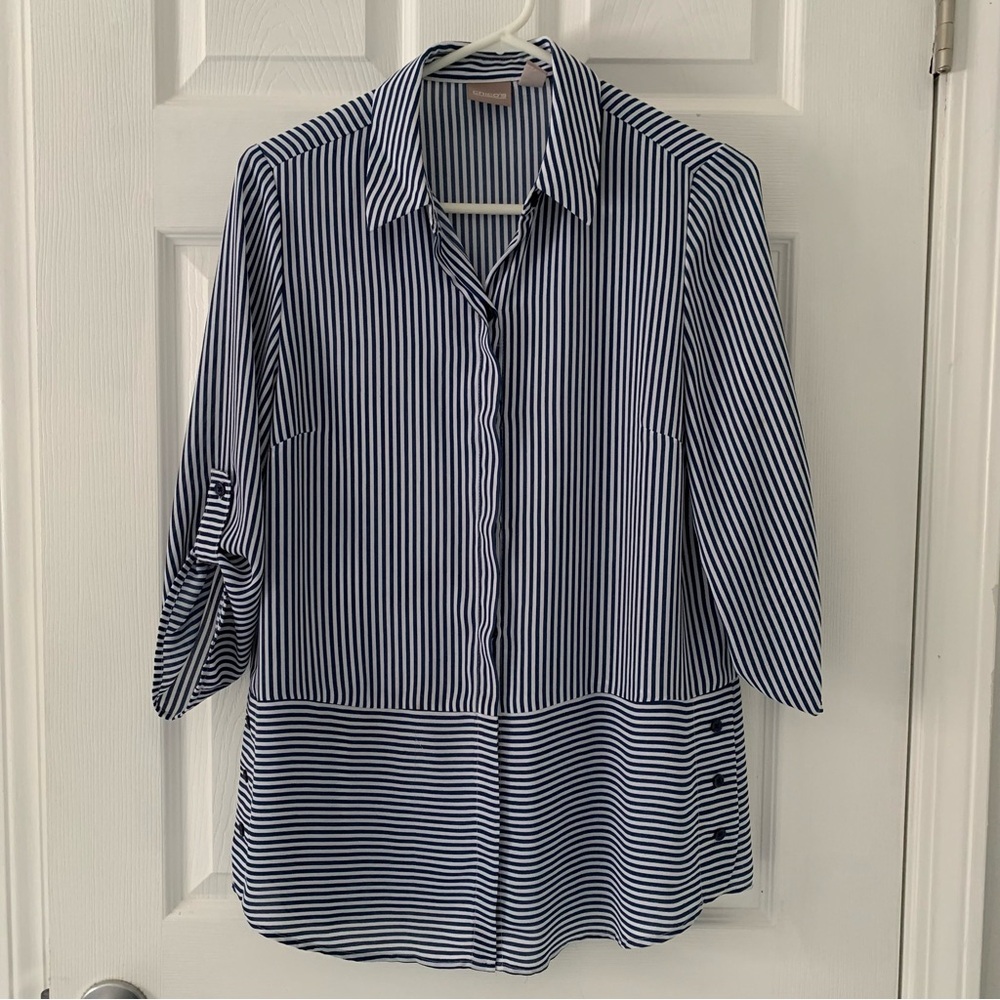 Chico's Navy and White Striped Button Down Shirt